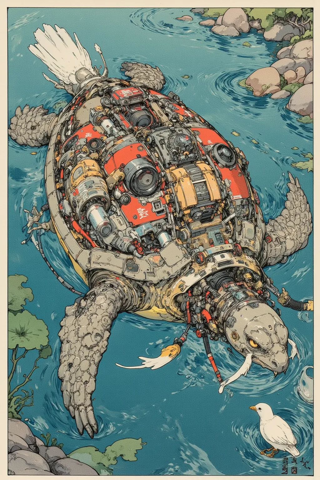  I have a very old picture of a giant cyberpunk sea turtle , This is an ultra-detailed painting inspired by Utagawa Kuniyoshi,  ukiyo-e, Niche    art aesthetic, Masamune Shirow Style ,An Old Turtle with a Long White Mustache , A Turtle with a White Tail Li...