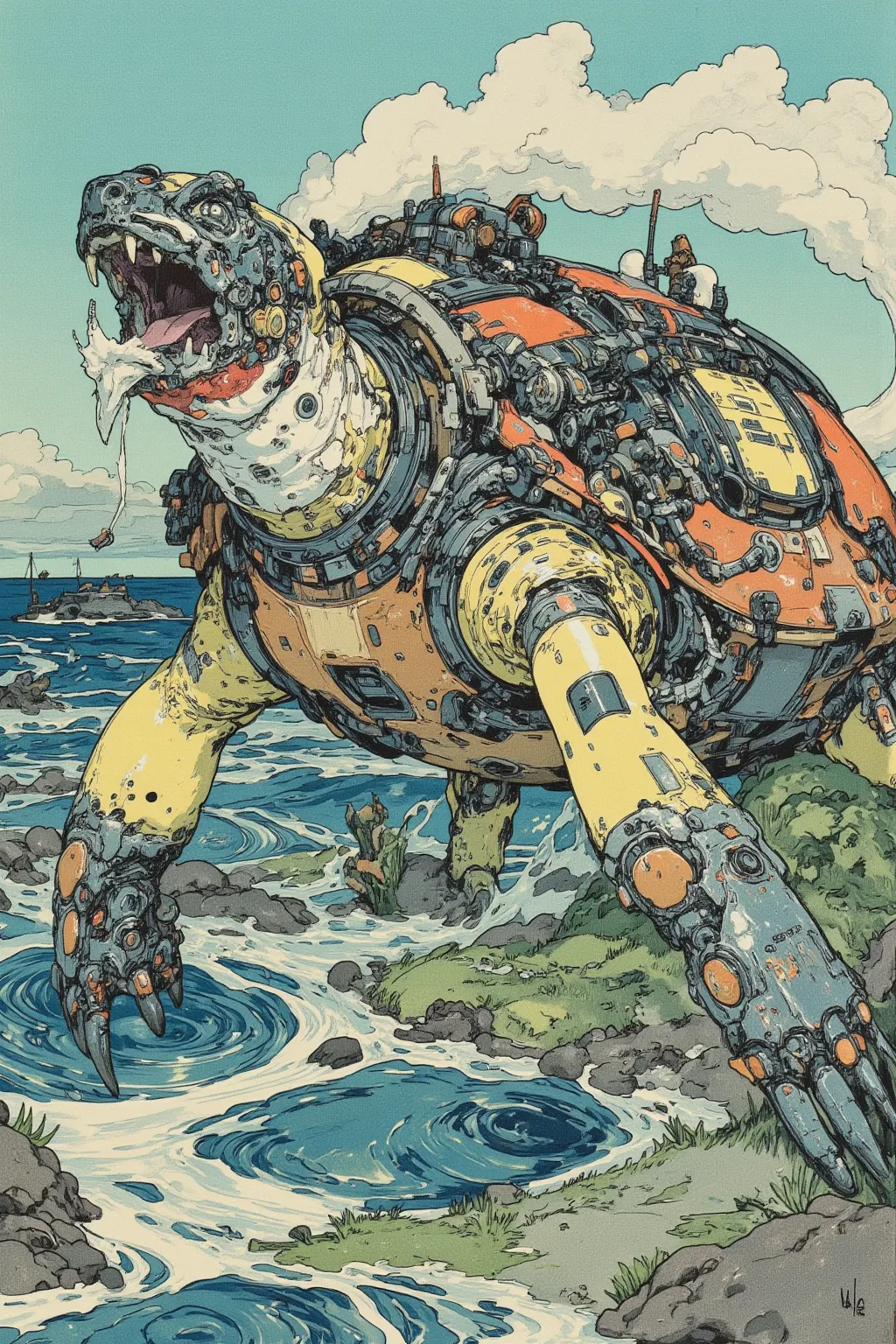  I have a very old picture of a giant cyberpunk sea turtle , This is an ultra-detailed painting inspired by Utagawa Kuniyoshi,  ukiyo-e, Niche    art aesthetic, Masamune Shirow Style ,An Old Turtle with a Long White Mustache , A Turtle with a White Tail Li...