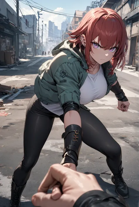 {{full body}} 1 girl, wolf-cut hair, short red hair, lilac eyes, fair skin, muscular, white shirt, large chest, cap sleeved jacket, gray and cyan jacket, black jeans, leather bracers, black boots, ear piercings, looking at viewer, pov, afternoon, modern se...