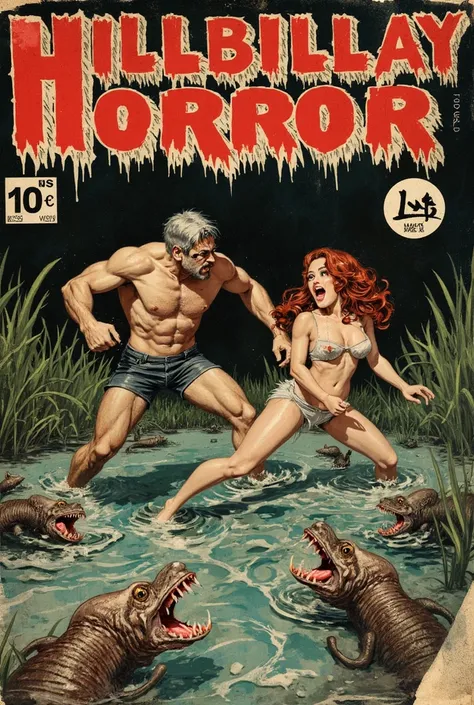 classic comic book cover “HILLBILLY HORROR”, bold font, classic horror font, stroke embossed border, redneck guy and hillbilly girl in the bayou, swamp, sexy shorts, attacked by mutant leeches, retro horror vibe, torn  cover, old paper, collector’s item, s...