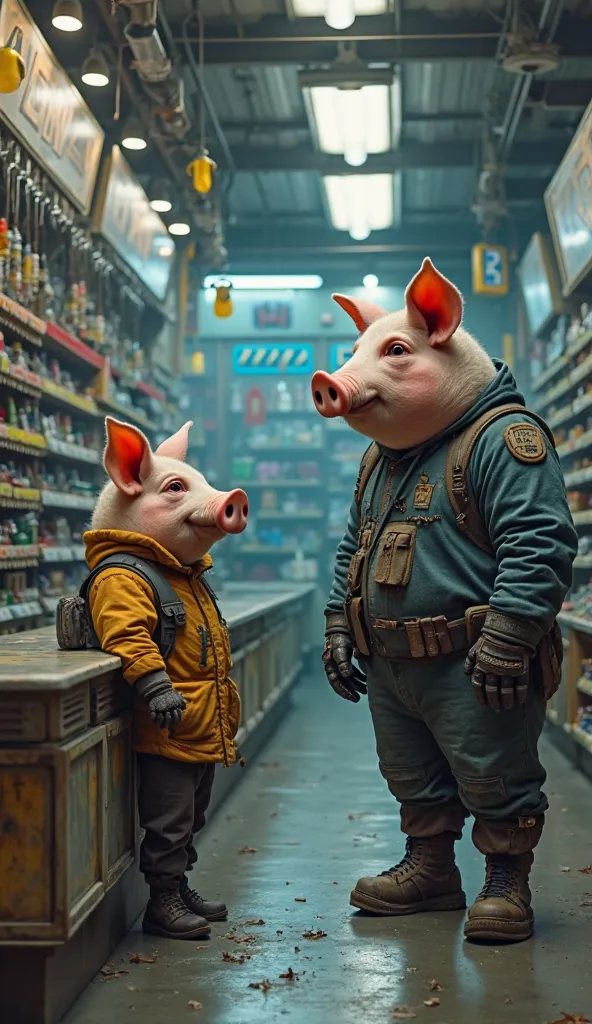 The pig enters a futuristic store filled with aliens and high-tech weapons. He eagerly approaches a dusty old robot at the counter. “Do you sell laser guns?” he asks. The robot frowns. “Do you have a weapon license?” The pig freezes, looking confused.