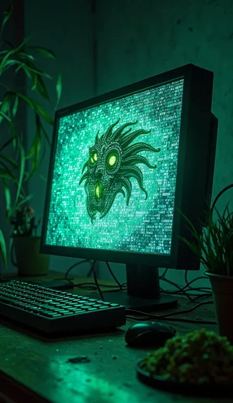 the monitor of a computer from which a demon emerges merging with an artificial intelligence, The demon must consist of bright green and blue codes, It must be completely terrifying, terror, , in a basement of a house