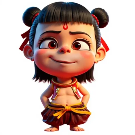 3D character rendering, {Playful Nezha character design}, young cartoon boy, black hair tied into two naughty buns, confident closed-mouth smirk, expression facing the audience, a golden collar around his neck, a red open-chested vest on his upper body, re...