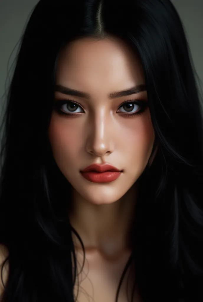 photorealistic portrait of a young woman with long black hair, wearing subtle makeup, slightly parted lips, intense gaze, soft lighting, 8k resolution, hyperrealistic, detailed face, cinematic lighting