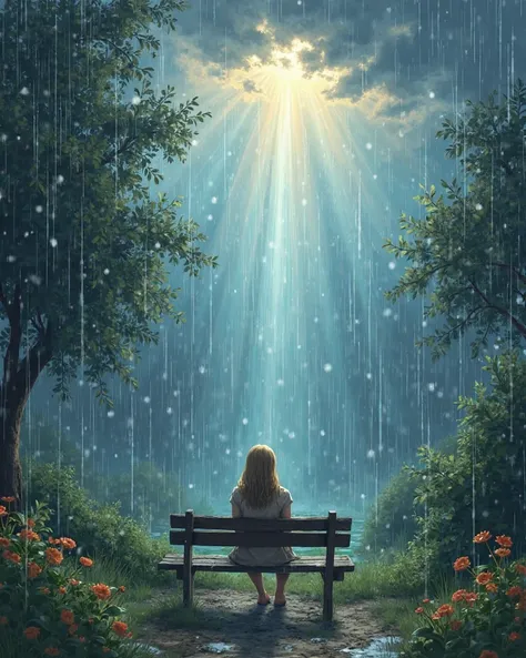 Illustrate the peaceful, rain-drenched garden , where a person sits quietly on a bench, Looking up, how clouds diverge, revealing radiant light, breaking through them. The light symbolizes God, hearing their cry and offering comfort..Blue eyes,  chelka,  b...