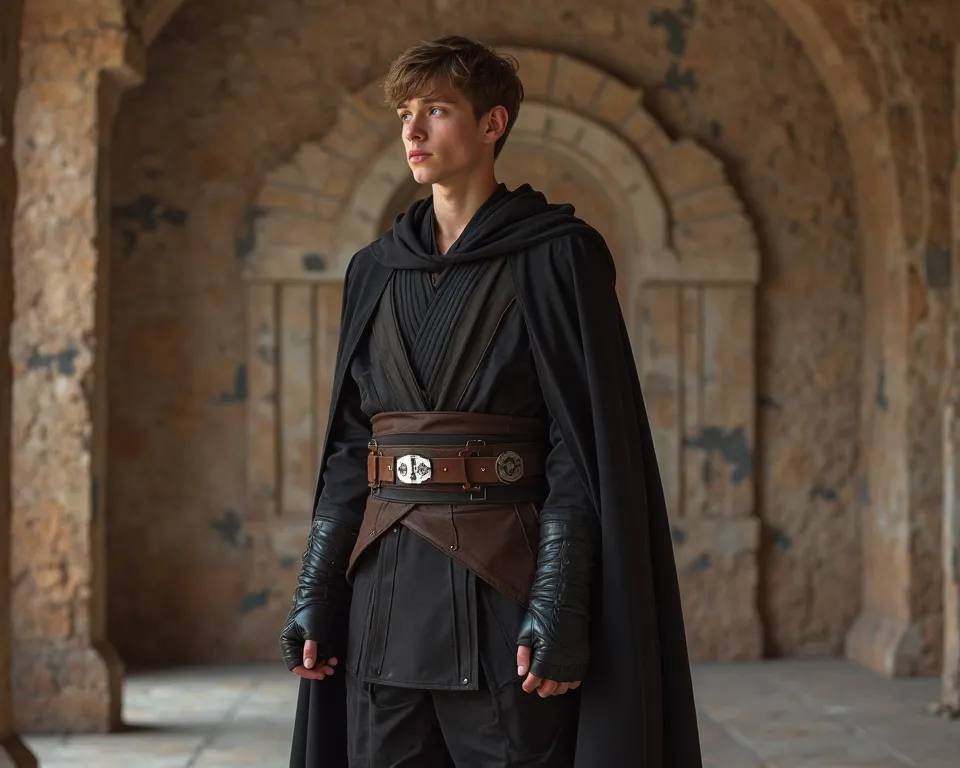 Portrait of a young caucasian adolescent man, 16years, short brown military haircut, muscular body, blue eyes, wearing a black and brown jedi clothes, no buttons, black tunic, black jodhpur pants, black boots, black cloak, Black gloves, Standing in a jedi ...