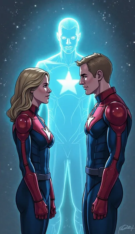 Draw an emotional moment Carol reminisces about Mar-Vell, a legendary Kree hero. Show a hologram or a faint picture of Mar-Vell in her classic costume (blue-red with star symbol), while Carol looks at her respectfully. Add a blue light effect enveloping th...