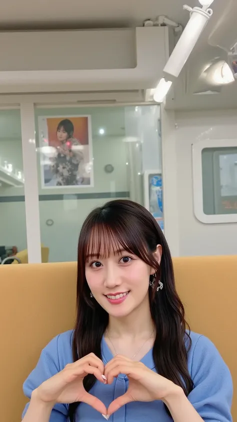 A Japanese woman sitting on an empty seat in a Japanese train, wearing a Blue dress. She is facing the camera and closing one eye while making a heart shape with her hands. The train is quiet, with no other passengers visible in the scene. The lighting is ...