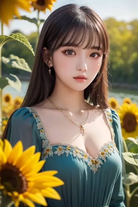 (  Absurdly ,  High Quality  ,  ultra detail  ) ,( Handmade ) ,  One Girl , Alone,  mature,   touch very long hair , Sunflower Hair ,  The beautiful crystal eye in the upper left corner  ( Eye details ) Baroque,  necklace,  long dress ,  Long Sleeve ,  ele...