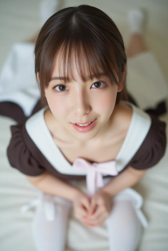 Photorealistic, 8k, soft diffused natural lighting, 1girl, Japanese, light-brown hair tied back with white headband, wearing dark-brown short-sleeve maid dress with white ruffled trim at neckline and hem, pink tie, white apron, white thigh-high stockings, ...