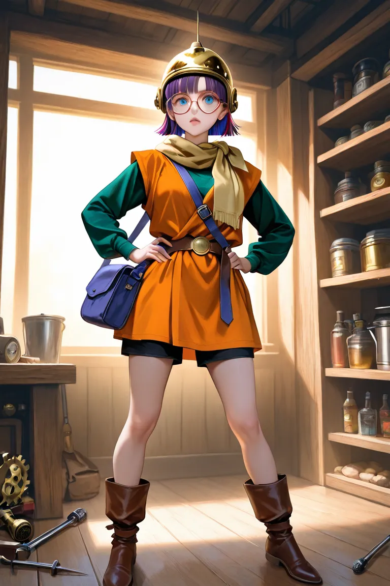 An ultra realistic image of a fair-skinned young adult woman with vibrant purple bob style hair. Large, round glasses with gold rims frame her bright blue eyes, with a serious and confident expression. She wears an orange tunic over a green long-sleeved sh...