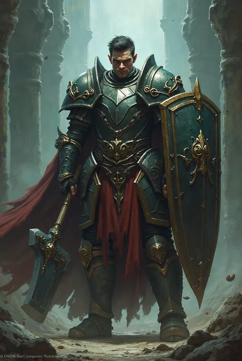 A paladin (man),With short black hair, pale skin and light green eyes, with a large war axe and a semi-square shield. dark theme