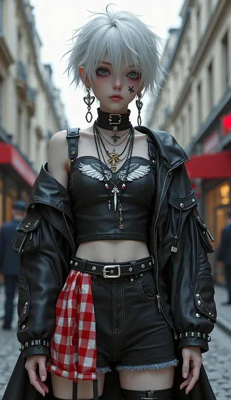 Gothic style, BJD style, 15-year-old boy, white hair, gray eyes,full body， black cross earrings, cold expression, white skin, black diamond neck ring, black collarless sleeveless top with wings pattern, 2 long silver necklaces of different lengths, black b...