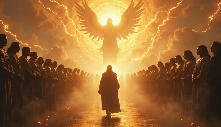 2. The Dialogue in Heaven - Satan's Challenge (Refined Scene)
Close-up:
God's gaze is serene and sovereign, reflecting an incomprehensible light. His presence is enveloped in a golden and white glow, impossible to look at directly. In front of Him, Satan a...