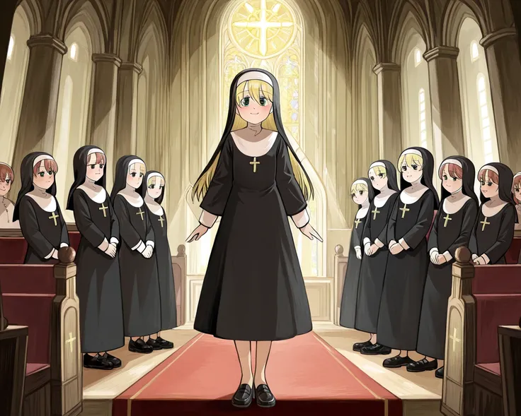 3girls, full body, standing, bare legs, light skin, long hair, nun costume, black shoes