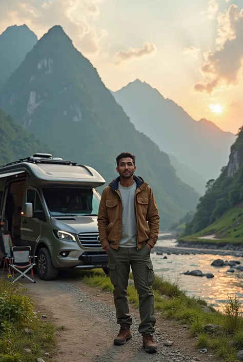 A 50-year-old Indonesian man with a youthful appearance, standing confidently in front of a stylish, modern campervan. He has neatly combed black hair with slight graying at the temples, a strong jawline, and warm, friendly eyes. He wears a well-fitted out...