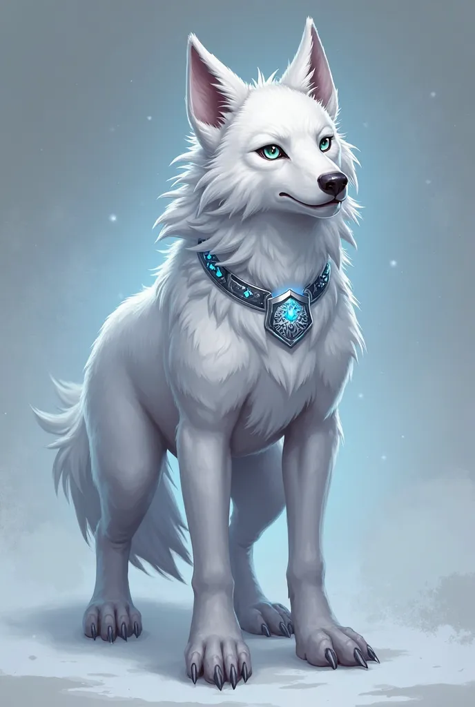 2D design of a mystical Direwolf named Fang, the Swift Tracker. He has sleek, snow-white fur with silver frost-like markings along his body. His glowing, icy-blue eyes give him a mystical look. His ears are larger with jagged tips, and his claws shimmer wi...