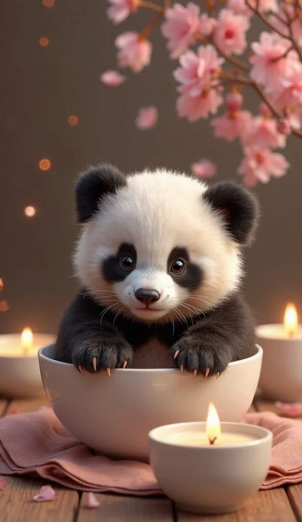 A cute baby panda sitting in a white bowl, its paws hanging over the edges, with droplets of liquid around. A cozy atmosphere with soft, diffused lighting, pink flowers, and glowing candles in the background, creating a warm and romantic setting. A wooden ...