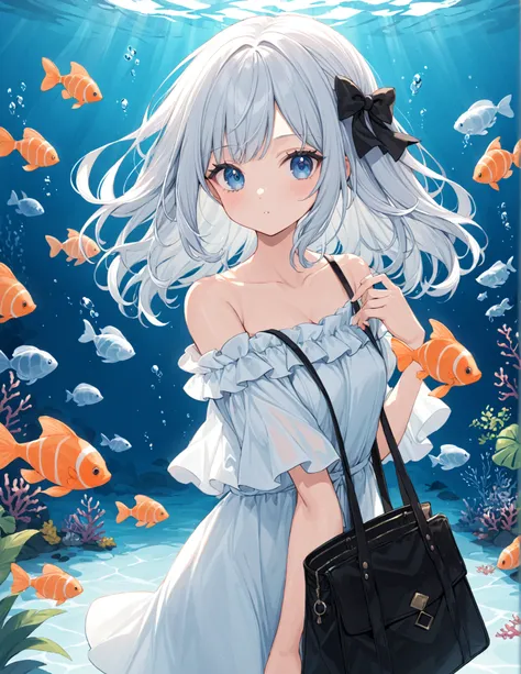 1 girl,gray hair, short hair, white hair, inner color, collarbone,  eyelashes,Black off-shoulder bag with ribbon to watch jellyfish upper body aquarium in glass jellyfish tropical fish dark