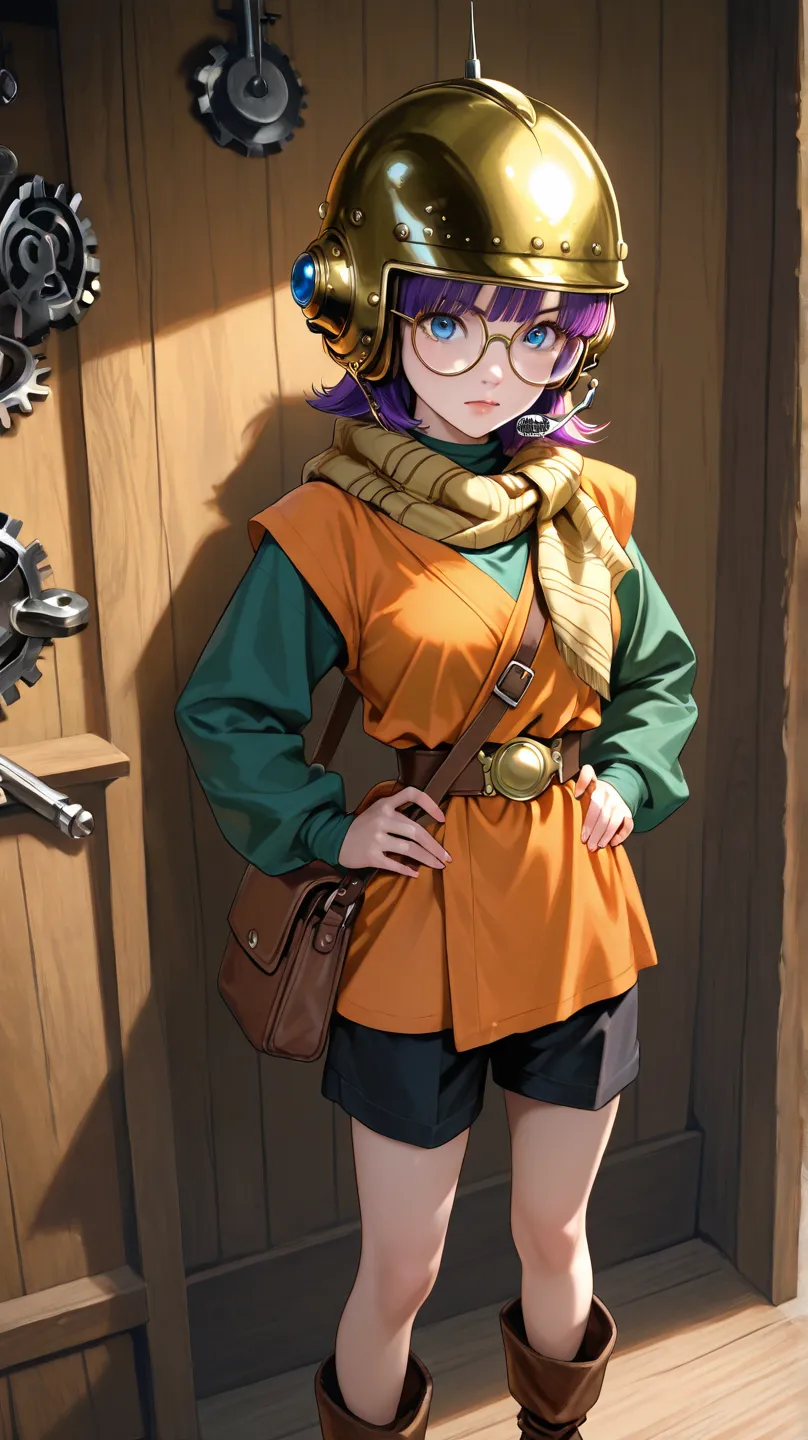 An ultra realistic image of a fair-skinned young adult woman with vibrant purple bob style hair. Large, round glasses with gold rims frame her bright blue eyes, with a serious and confident expression. She wears an orange tunic over a green long-sleeved sh...