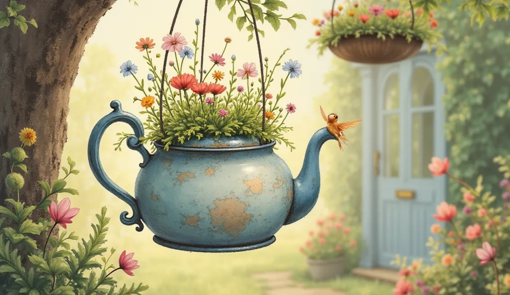 an illustration of a whimsical flowerpot teapot by Beatrix Potter, lidless teapot with delicate ferns and colorful wildflowers growing out of the top, one dainty flower peeking out from the spout, suspended in a decorative plant hanger outside a cottage, s...