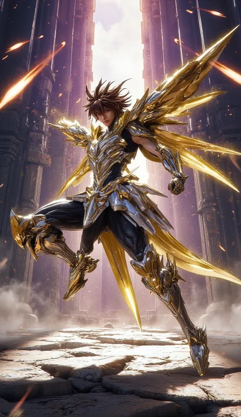  Main Object : Seiya of Pegasus wearing the Pegasus Armor.

 Action or Position : Seiya is in a heroic posture, with an advanced leg and a clenched fist pointed forward,  ready to deliver a blow . His gaze is determined and focused, reflecting his courage ...