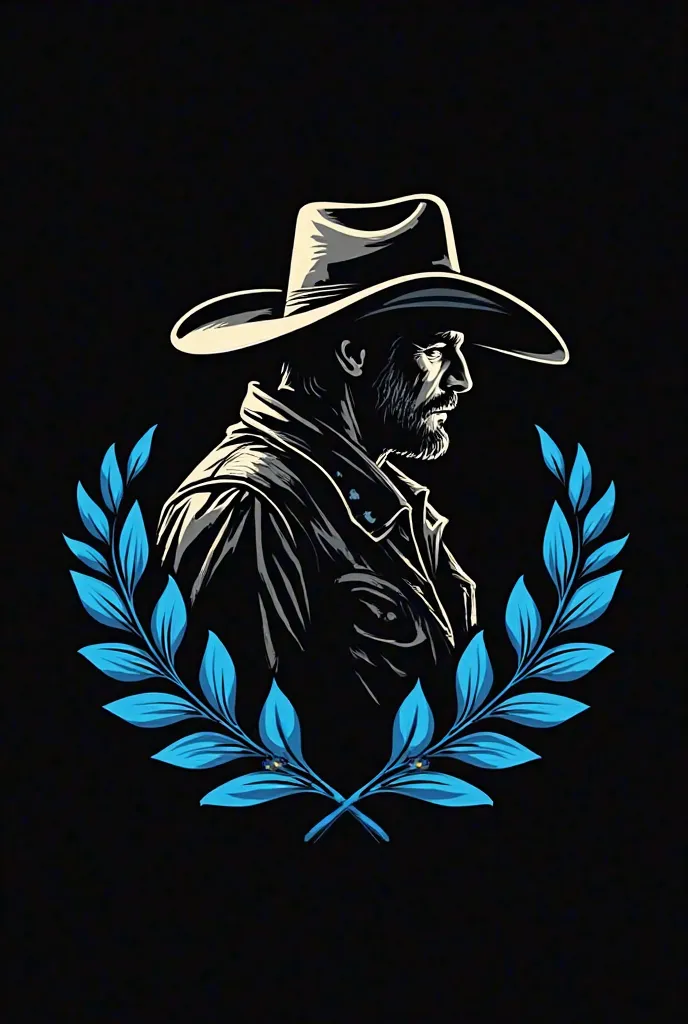 make me a logo of a cowboy that is pitch back with blue and white leaves around him, show only his side profile from the chest up 
