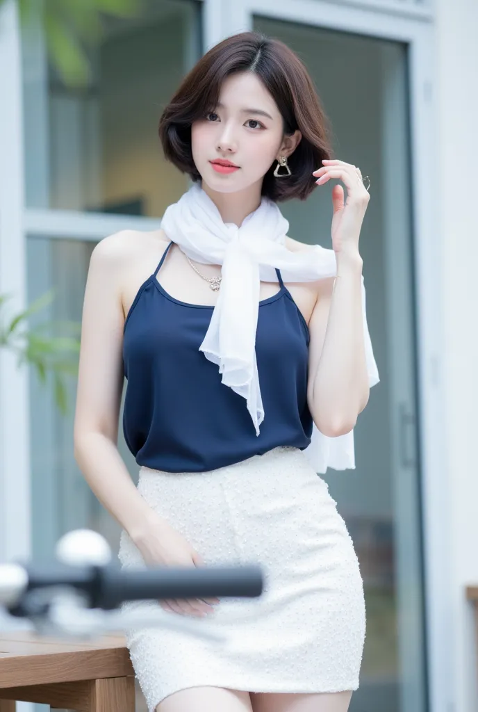 (Detailed body, detailed face, best quality: 1.2), short hair, close-up, beautiful Korean female model, looking at the viewer, ((modern dark blue chiffon backless camisole, white scarf,)), ((white sequined modern small pencil skirt)), (modern jewelry, neck...