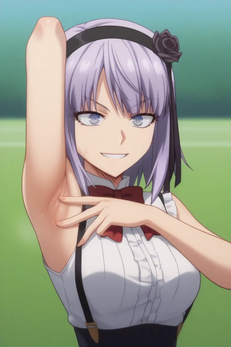 score_9, score_7_up, source_anime, detailed background, (upper body, medium shot:1.4), solo, 1girl,  hotaru shidare, ringed eyes, short hair, hair ornament, hairband, suspenders, sleeveless, red bow, evening gown, spread armpit, arm up, armpit, lay hand on...