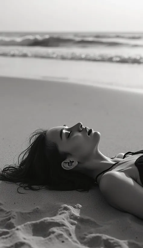 A dark black and white image of a woman lying quietly on the beach sand. Realistic,  Very detailed image , 8k.