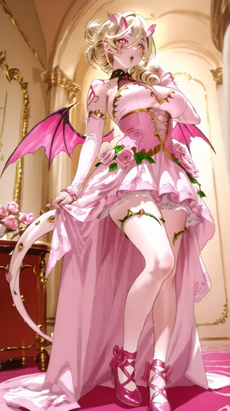 succubus , is mature adult woman. she has light blonde curly hair gathered in one single hair-bun, some curls are escaping from her hairstyle. Her eyes are pink with narrow pupil.  She has golden and pink tattoos of roses and demonic sigils of lust on her ...