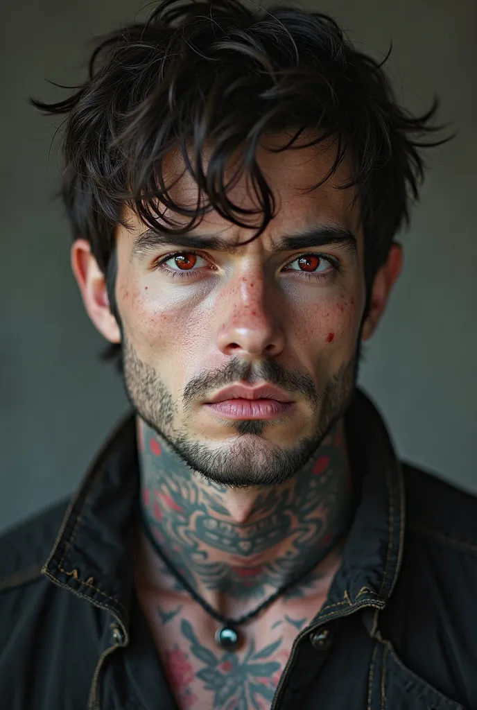 A man of approximately 30 years old. Dark reddish eyes with hunter's eyes. White almost pale skin. Dark brown disheveled short hair. A scar from your jaw to your right bicep. Tattoos on most of the body. a light beard .  expression would be,very attractive...