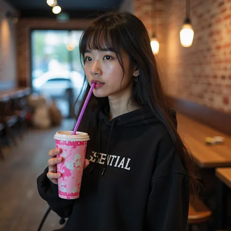 A young Asian woman, positioned slightly to the left of center in the frame, is seen from the mid-chest up. She has long, dark hair, bangs, and a light complexion. She is wearing a black hoodie with the word "ESSENTIAL" printed on the front.  She is holdin...