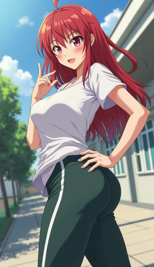 Anime Sexy, daring woman, posing sensually, provoking the viewer, red hair, wearing a white short-sleeved T-shirt, collared T-shirt, huge and juicy chest, big buttocks, thick thighs, long dark green sports pants with a white stripe on the sides, in the sch...