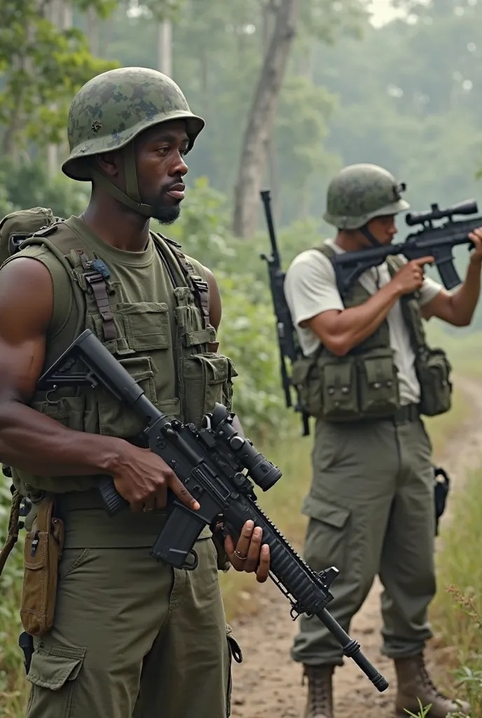  GENERATE AN IMAGE OF: a black gunner soldier wearing a sleeveless t-shirt with an m60 machine gun in his hand and a white sniper soldier with an m24 bolt action rifle and white t-shirt both in Vietnam, make the image have the word "joysticks" The title 