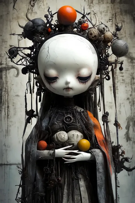 (masterpiece、TOP QUALITY)、Super Detail、 HIGHEST DETAILS 、 girl、 Spherical Articulated Dolls 、cute、CLAY FIGURINES、(body horror: 1.4)、(生物学的mechanical)、((colorful))、Satanic、mechanical、Tim Burton、Avant-garde、Concept Art、 mystical scenery、Dark Fantasy、purgatory...