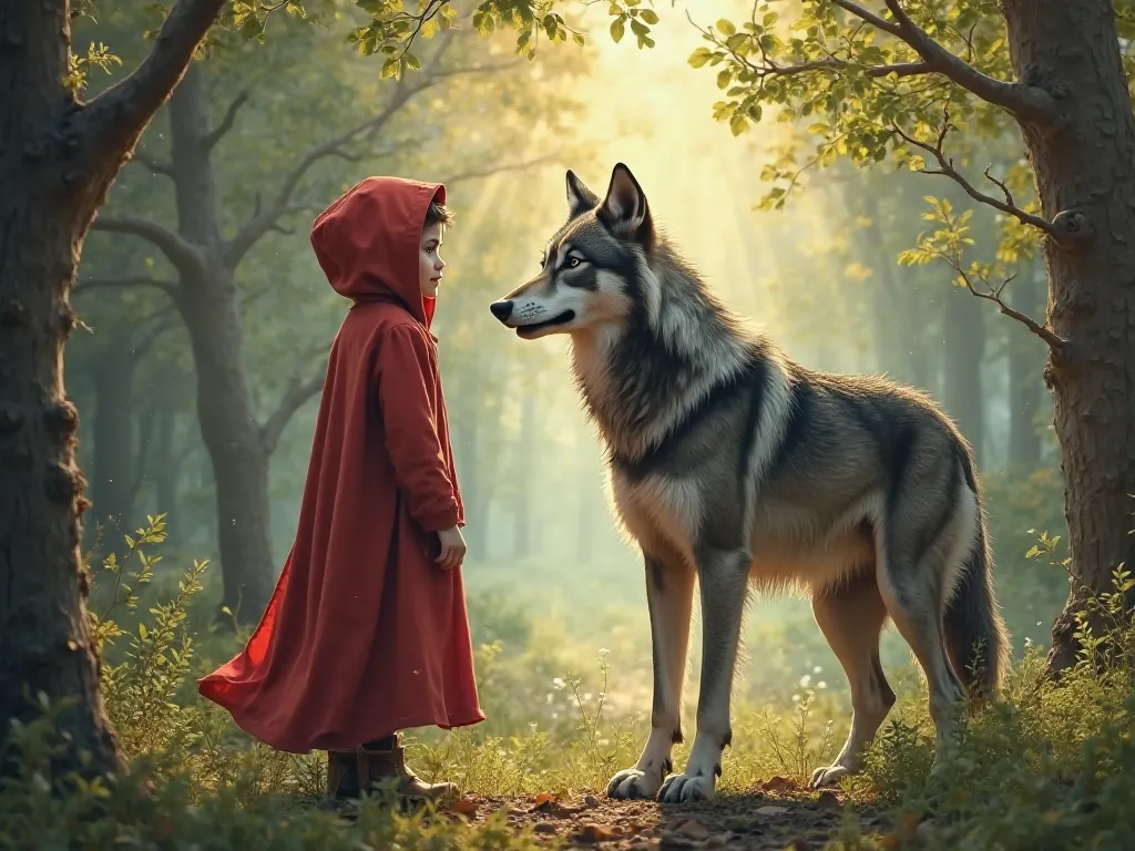 "A  in a red hood, standing in the middle of an enchanted forest, talking to a big gray wolf. The wolf is standing on two legs, pretending to be friendly, but his eyes are mischievous. Sunlight filters through the trees, creating a magical fairytale atmosp...