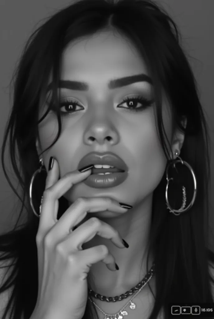 black and white close-up of a woman with dark,  disheveled hair . Her gaze is intense and her lips are slightly open. She holds her hand to her face with painted nails. She is wearing large hoop earrings and a necklace. The recording is reminiscent of a mu...