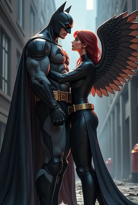 Create an image of those from DC: Batman and Hawkeye Woman. Place them close together and make Hawkeye Woman's wings wrap around Batman. anime dark style. And may they be playing. Her wings are bigger