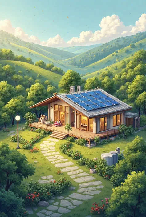  Illustration of a home with ecological elements (solar panels, Orchard , LED bulbs, etc.).