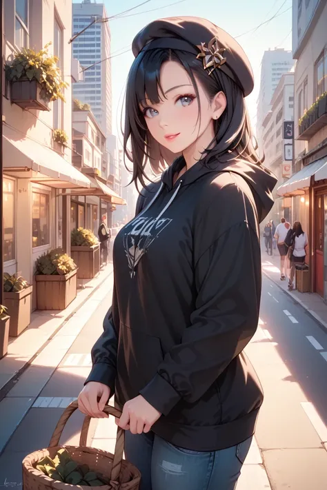 ( top quality made of straw)(  artistic  ) beautiful woman under hoodie( black hair)(beret )、in the city,  