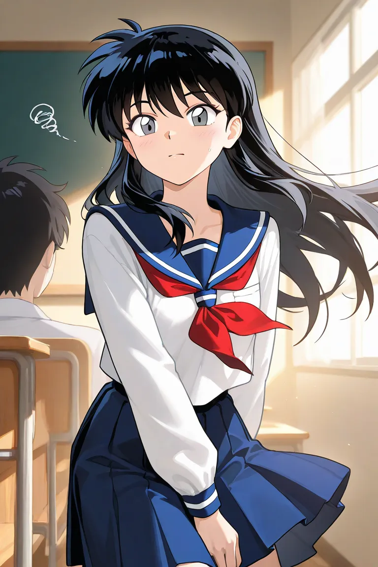 A tall handsome ager with Black short hair, light cold gray eyes, cooky, wearing blue school uniform. The boy is joking. Inuyasha manga art style.