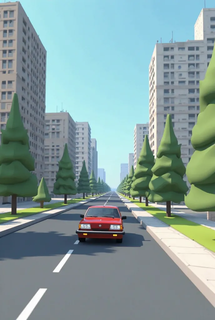 Creating a detailed script for generating a 3D image with specific elements, such as buildings, a road, and a Suzuki Cultus VXL 2020, can be quite complex. Below is a simplified Python script using a hypothetical 3D graphics library (like `pythreejs`, `Pyg...