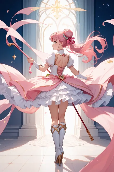 1 girl、 Magic Girl、 back view、masterpiece、Highest quality、cute、pink hair、 bun hair、Cane in right hand、I put a pink cape on my back、full body、 white boots