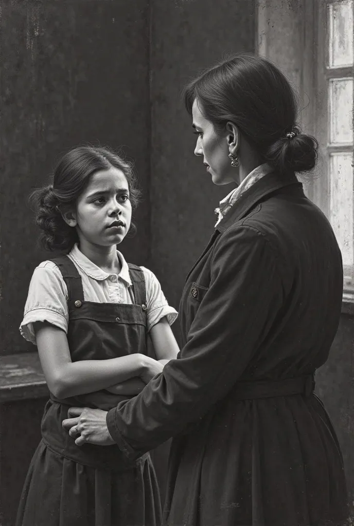 . Imagine a dramatic painting in black and white, showing an old French classroom during the colonial era in Algeria. At the front of the picture, a young girl appears to embody Jamila Bouhairad, with her clearly painted features and fine details that refl...