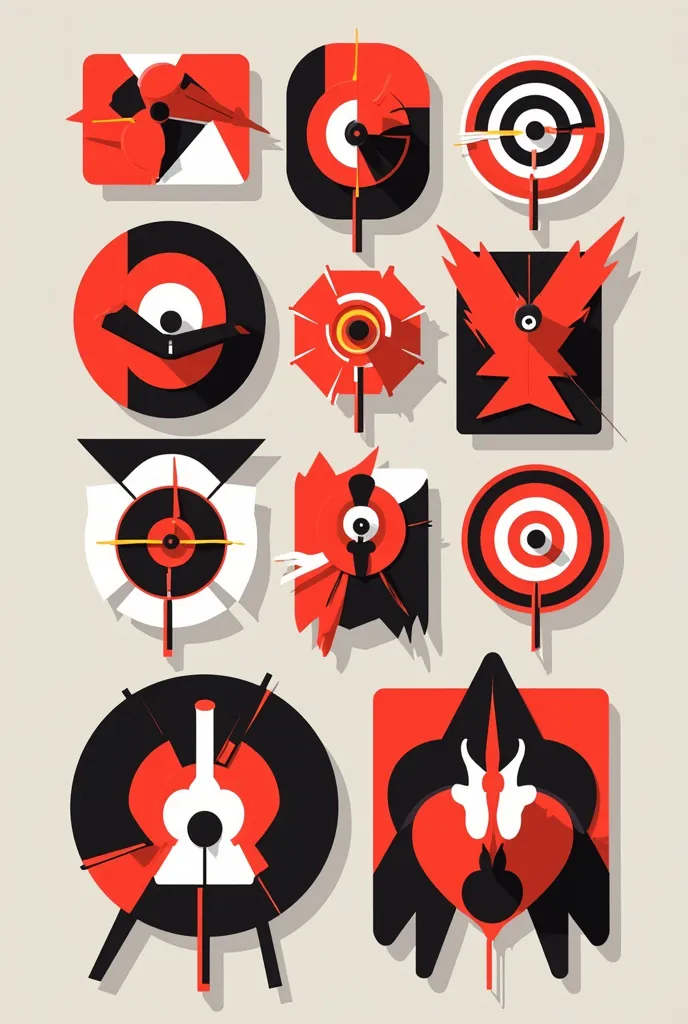 A series of creative and innovative boxing target designs. Each target should feature a variety of geometric shapes, such as circles, octagons, and irregular forms. Incorporate bold, contrasting colors like red, black, and white, with concentric rings or d...