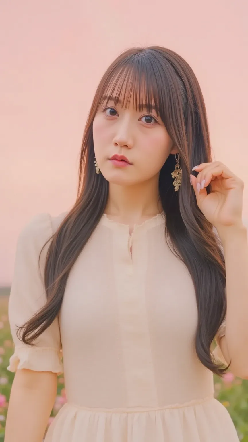 「 at dusk 、Her hair fluttering in the wind against a soft pink and orange sky、portrait of a Japanese woman looking into the distance。She wears a light-colored dress、creates a fantastic atmosphere。with slightly blurred flowers in the background。」