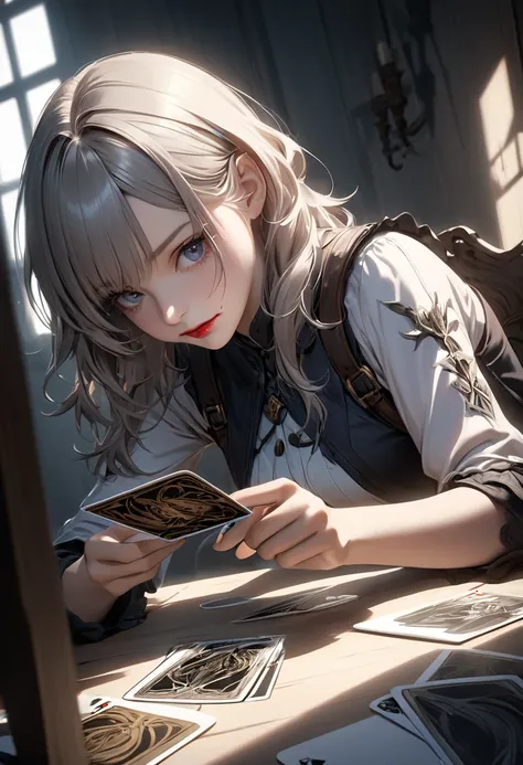  beautiful young women are playing games with the Joker along with the viewer, Together with the viewer,  the woman's card is turned face down ,  she is trying to draw a card from the viewer's hand ,  the woman is thoughtful and focused , high quality, Pho...