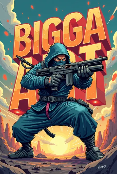 The words BIGGA ART in big letters. Crazy ninja with guns. Cartoon 