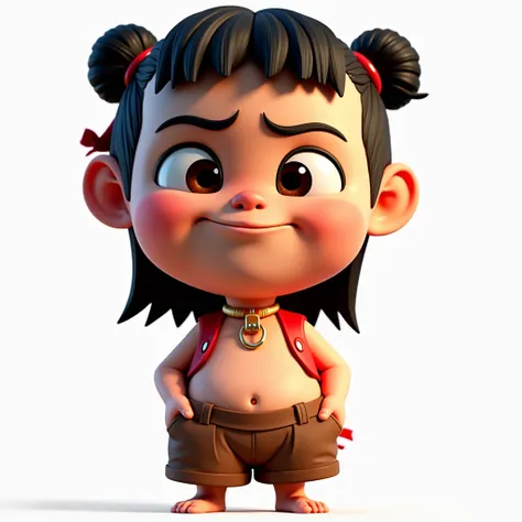 3D character rendering, {Playful Nezha character design}, young cartoon boy, black hair tied into two naughty buns, confident closed-mouth smirk, expression facing the audience, a golden collar around his neck, a red open-chested vest on his upper body, re...